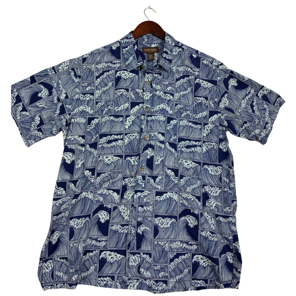 Cooke Street Hawaiian Shirt Mens XL Blue White Ocean Wave Print Aloha Button Up